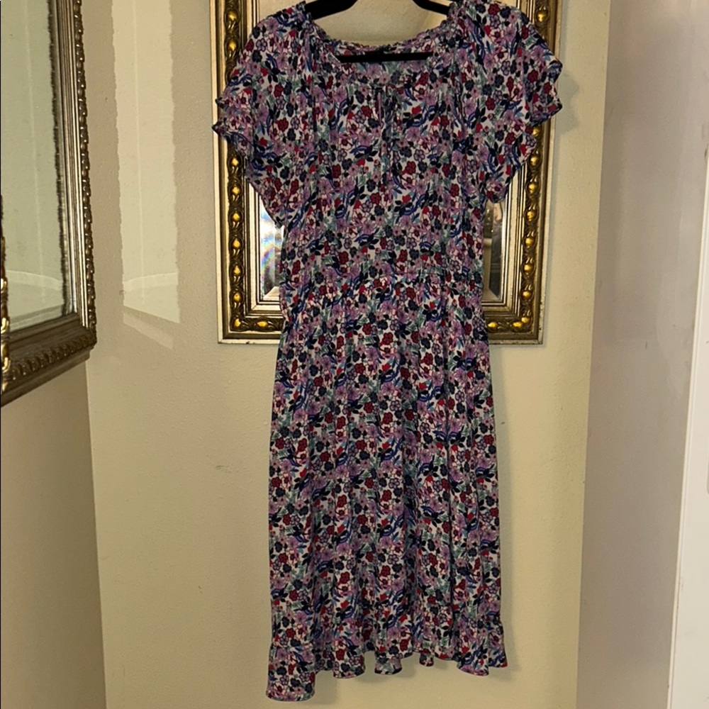 Pink Floral Midi Sundress with Flutter Sleeves and Crew Neck
